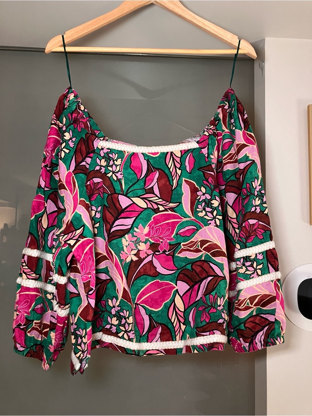 NWT 100% Linen Off-Shoulder Floral Peasant Top in Pink & Green